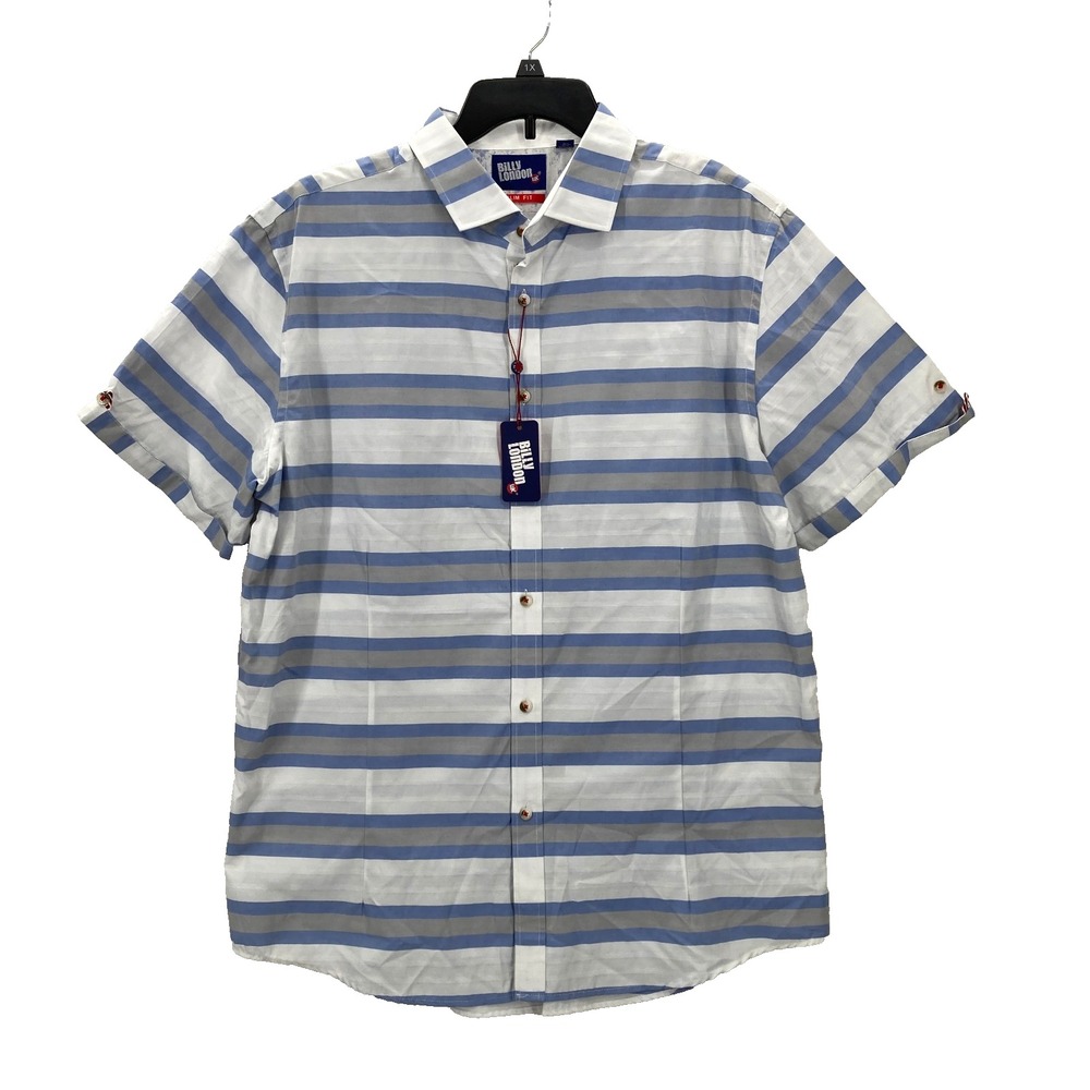 Billy London Shirt Mens 3XL Slim Fit Blue Striped Short Sleeve Stretch Nautical